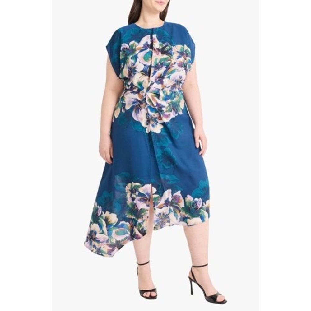 Maggy London Sheath Dress Women Blue Floral Asymmetrical Hem 16W NWOT
